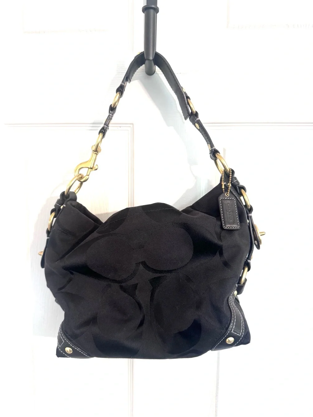 Vintage Y2K Coach Carly Black Shoulder Bag with Signature C Jacquard Pattern